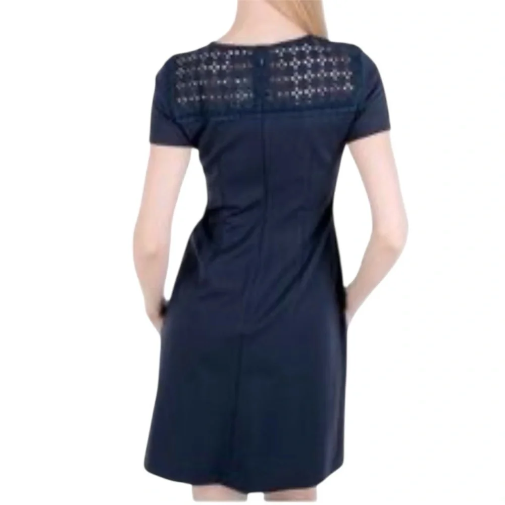 Brooks Brothers Red Fleece Womens M Navy Eyelet Lace Yoke Shift Dress Office